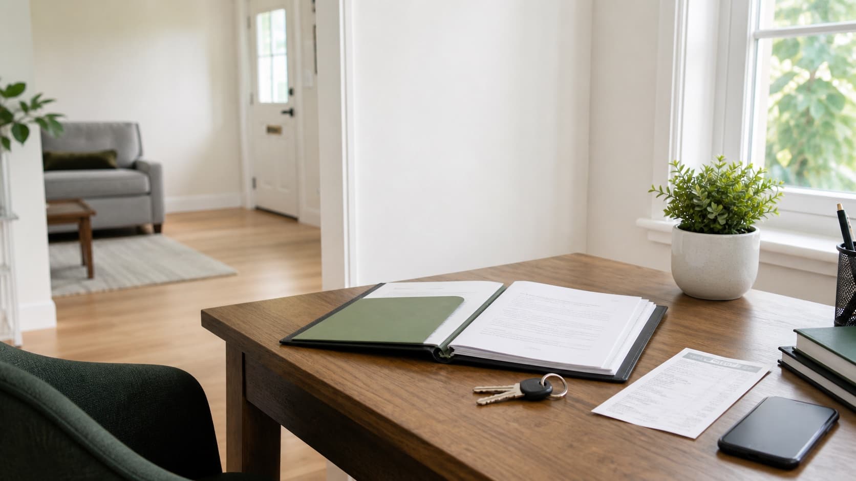 An organized residential lease, property keys, receipt, and phone on a table inside a rental home